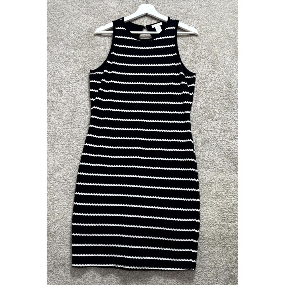 Cache Sheath Dress Womens Large Black White Chevron‎ Cotton Stretch Keyhole Back